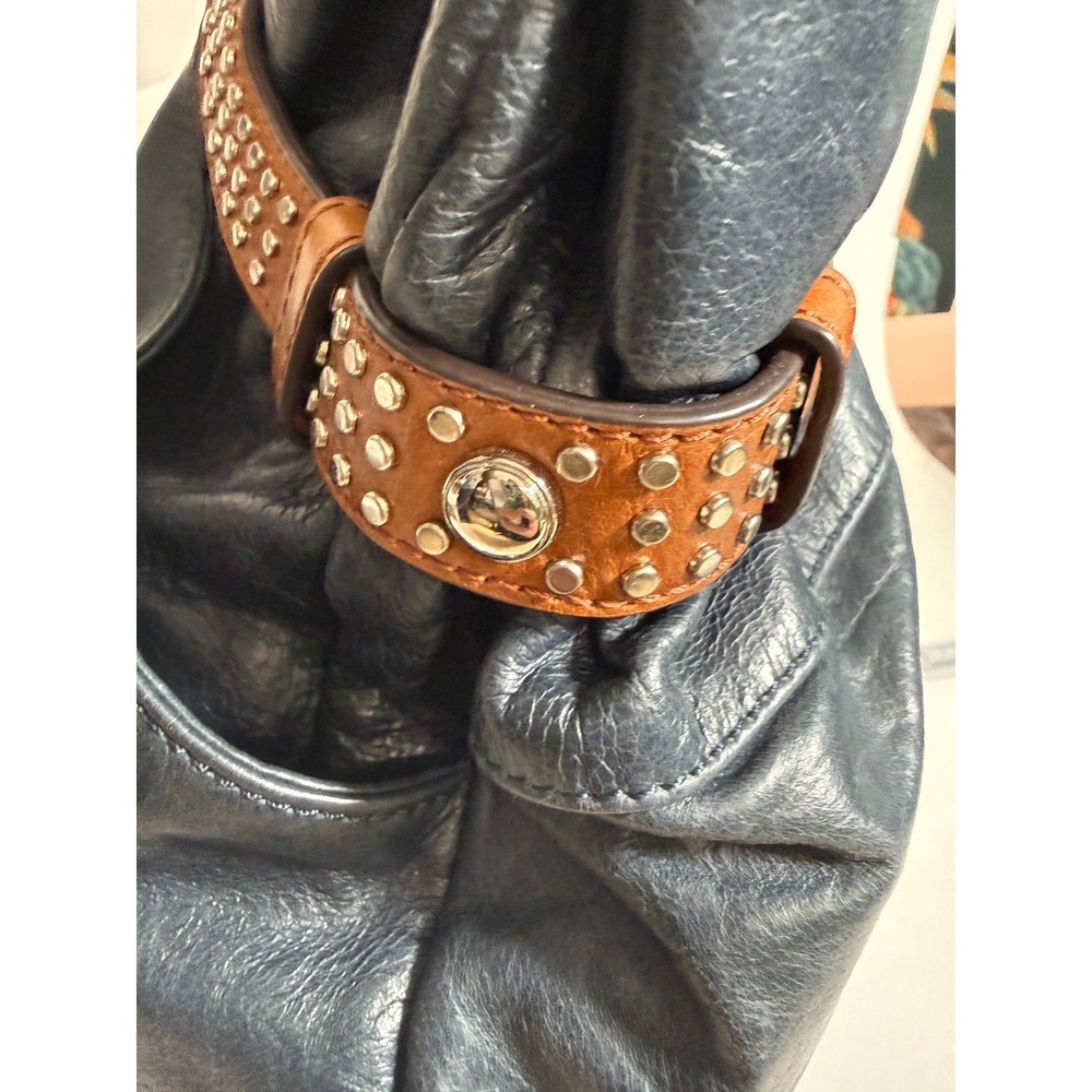 Boho Indie Grunge Navy Blue Leather Studded Hobo Shoulder Bag Large Oversized - Picture 10 of 16